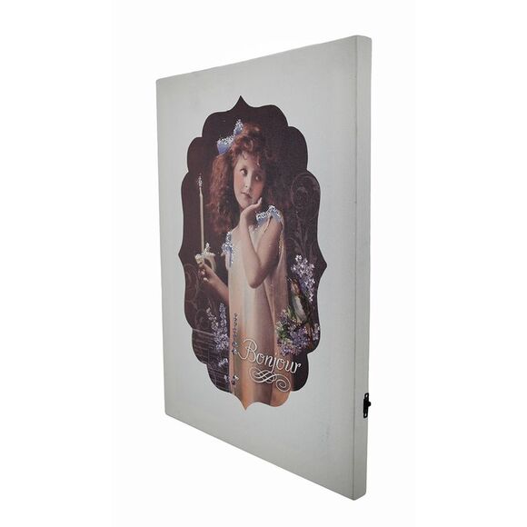 Vintage Look Bonjour Flickering Candle Girl LED Canvas Art Print - Picture 2 of 3